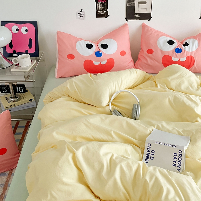 91家纺网 家纺一手货源 找家纺 优卡迪家纺馆 2025新款A类亲肤水洗棉大眼萌纯色混搭四件套 大眼萌-奶黄绿