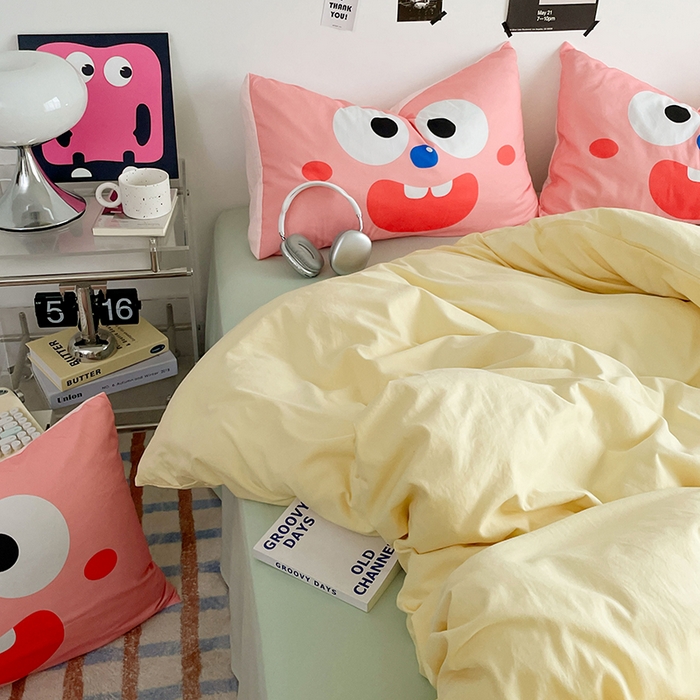 91家纺网 家纺一手货源 找家纺 优卡迪家纺馆 2025新款A类亲肤水洗棉大眼萌纯色混搭四件套 大眼萌-奶黄绿