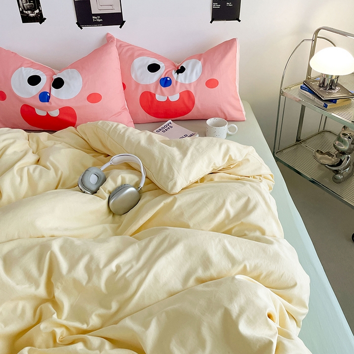 91家纺网 家纺一手货源 找家纺 优卡迪家纺馆 2025新款A类亲肤水洗棉大眼萌纯色混搭四件套 大眼萌-奶黄绿