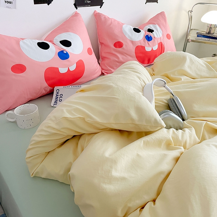 91家纺网 家纺一手货源 找家纺 优卡迪家纺馆 2025新款A类亲肤水洗棉大眼萌纯色混搭四件套 大眼萌-奶黄绿