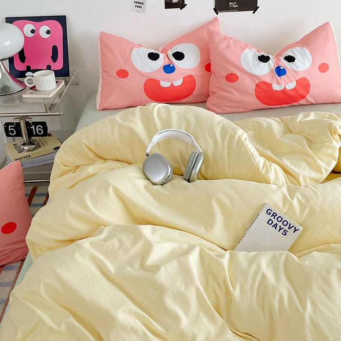 91家纺网 家纺一手货源 找家纺 优卡迪家纺馆 2025新款A类亲肤水洗棉大眼萌纯色混搭四件套 大眼萌-奶黄绿