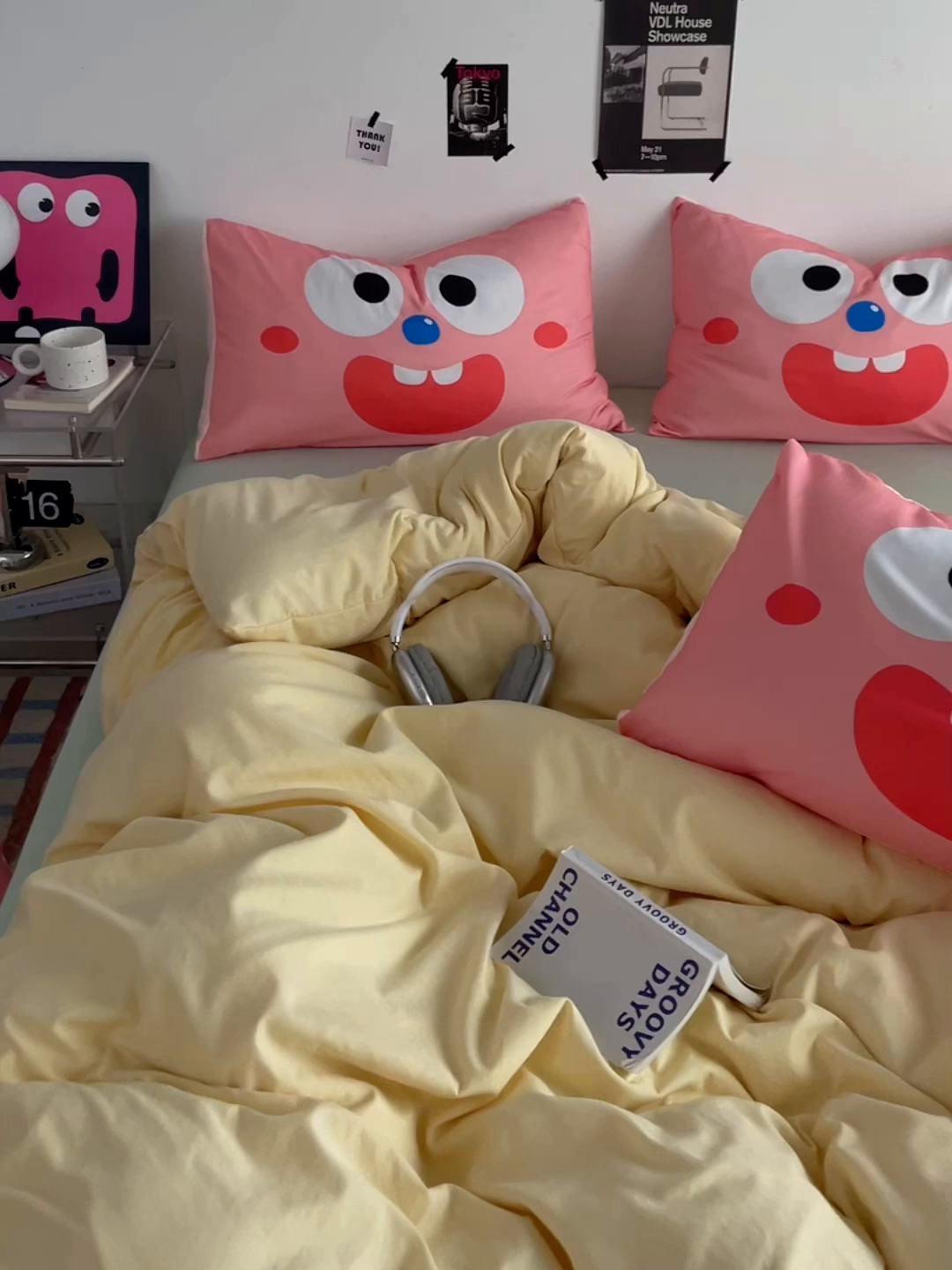 91家纺网 家纺一手货源 找家纺 优卡迪家纺馆 2025新款A类亲肤水洗棉大眼萌纯色混搭四件套 大眼萌-奶黄绿