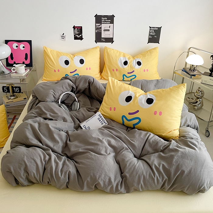 优卡迪家纺馆 2025新款A类亲肤水洗棉大眼萌纯色混搭四件套 大眼萌-浅灰黄