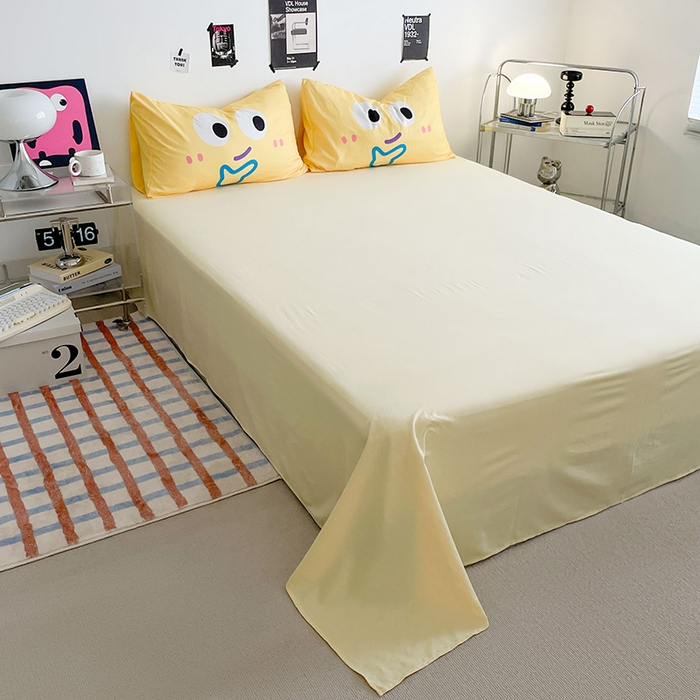 91家纺网 家纺一手货源 找家纺 优卡迪家纺馆 2025新款A类亲肤水洗棉大眼萌纯色混搭四件套 大眼萌-浅灰黄