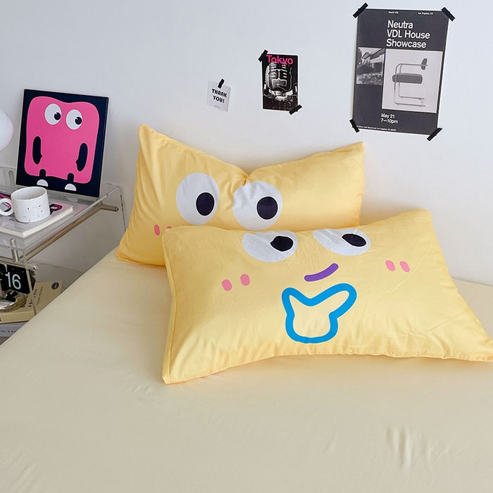 91家纺网 家纺一手货源 找家纺 优卡迪家纺馆 2025新款A类亲肤水洗棉大眼萌纯色混搭四件套 大眼萌-浅灰黄