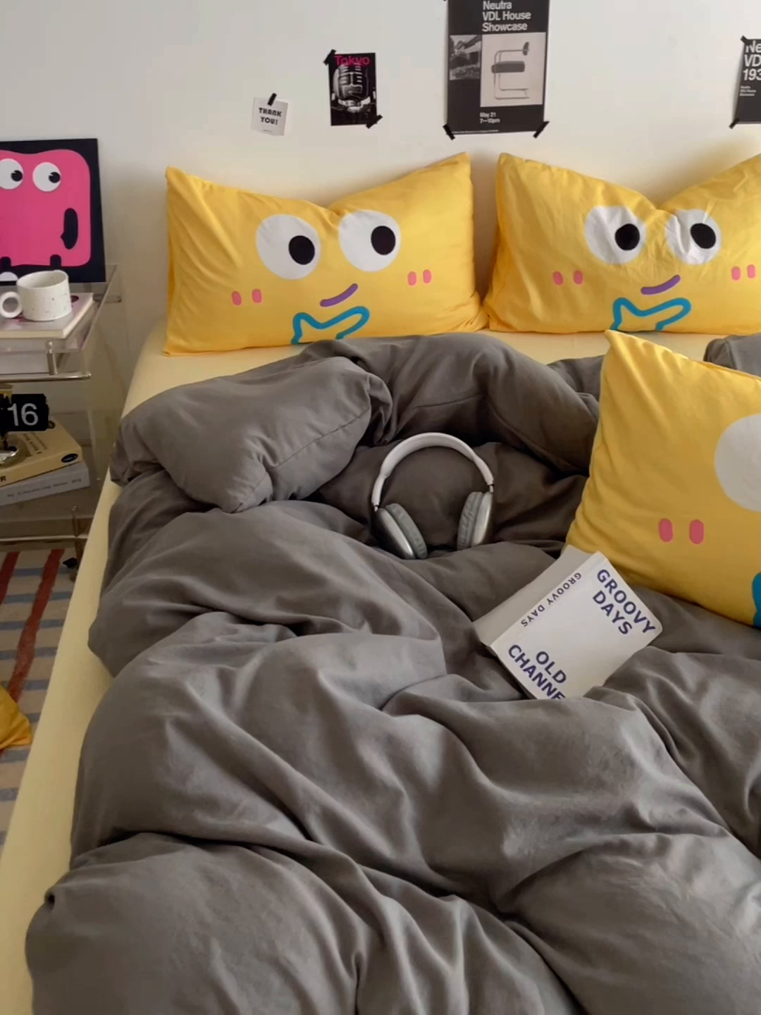 91家纺网 家纺一手货源 找家纺 优卡迪家纺馆 2025新款A类亲肤水洗棉大眼萌纯色混搭四件套 大眼萌-浅灰黄