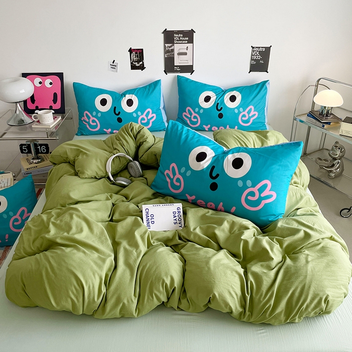 优卡迪家纺馆 2025新款A类亲肤水洗棉大眼萌纯色混搭四件套 大眼萌-浅绿茶