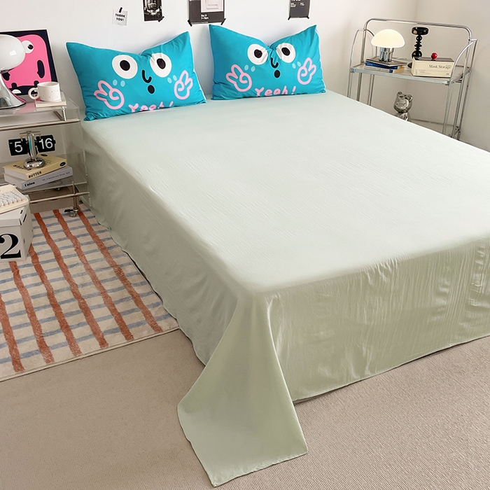 91家纺网 家纺一手货源 找家纺 优卡迪家纺馆 2025新款A类亲肤水洗棉大眼萌纯色混搭四件套 大眼萌-浅绿茶