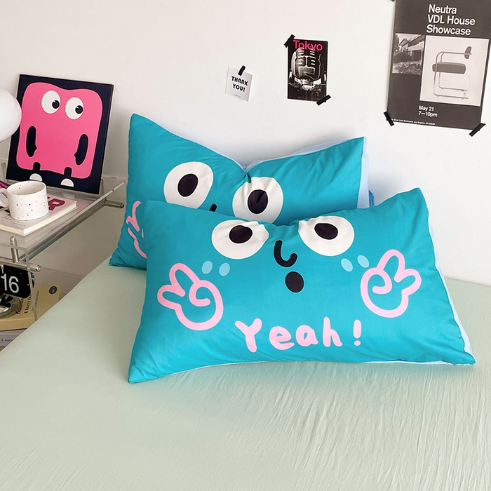 91家纺网 家纺一手货源 找家纺 优卡迪家纺馆 2025新款A类亲肤水洗棉大眼萌纯色混搭四件套 大眼萌-浅绿茶