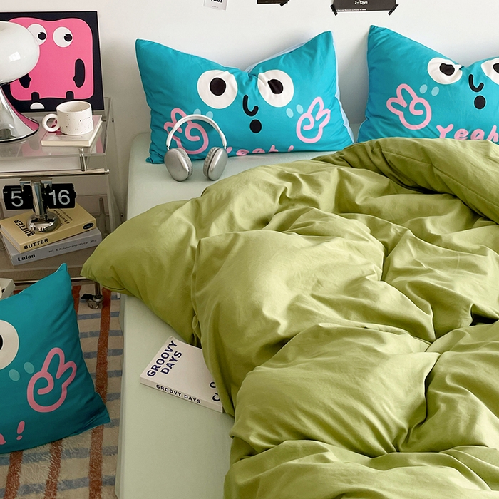 91家纺网 家纺一手货源 找家纺 优卡迪家纺馆 2025新款A类亲肤水洗棉大眼萌纯色混搭四件套 大眼萌-浅绿茶