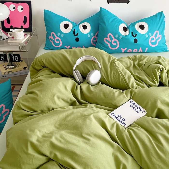 91家纺网 家纺一手货源 找家纺 优卡迪家纺馆 2025新款A类亲肤水洗棉大眼萌纯色混搭四件套 大眼萌-浅绿茶