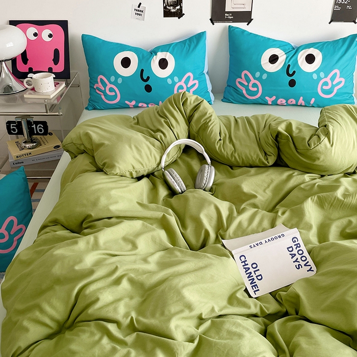 91家纺网 家纺一手货源 找家纺 优卡迪家纺馆 2025新款A类亲肤水洗棉大眼萌纯色混搭四件套 大眼萌-浅绿茶