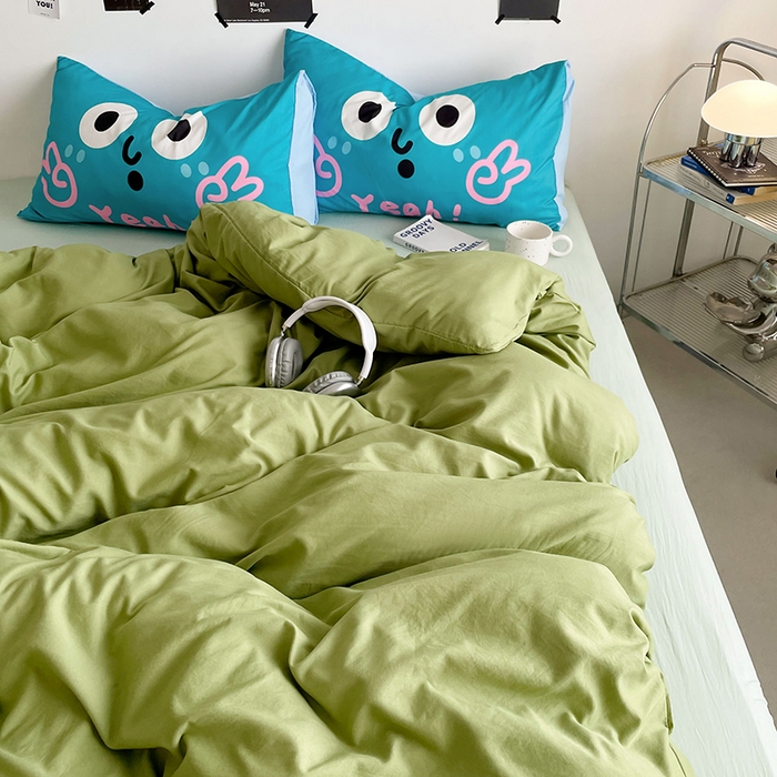 91家纺网 家纺一手货源 找家纺 优卡迪家纺馆 2025新款A类亲肤水洗棉大眼萌纯色混搭四件套 大眼萌-浅绿茶