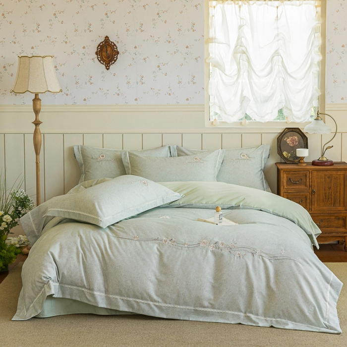 91家纺网 家纺一手货源 找家纺 巧玲珑 20025新款工艺款刺绣绣花加厚天丝棉四件套 寻梦-草绿