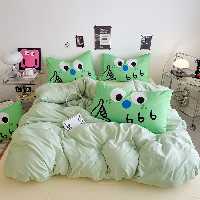 优卡迪家纺馆 2025新款A类亲肤水洗棉大眼萌纯色混搭四件套 大眼萌-浅绿黄