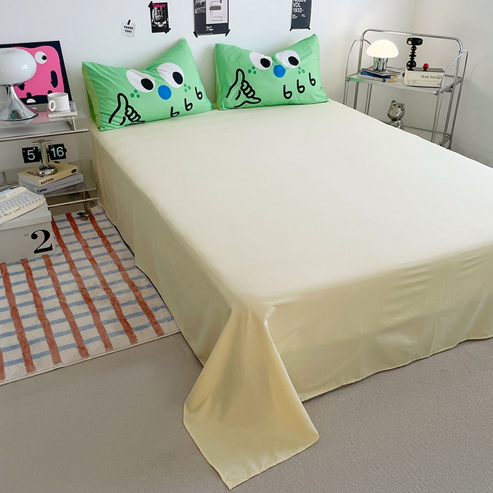 91家纺网 家纺一手货源 找家纺 优卡迪家纺馆 2025新款A类亲肤水洗棉大眼萌纯色混搭四件套 大眼萌-浅绿黄