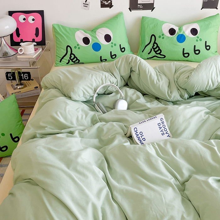 91家纺网 家纺一手货源 找家纺 优卡迪家纺馆 2025新款A类亲肤水洗棉大眼萌纯色混搭四件套 大眼萌-浅绿黄