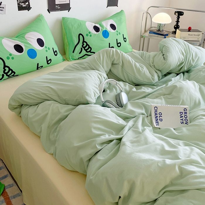 91家纺网 家纺一手货源 找家纺 优卡迪家纺馆 2025新款A类亲肤水洗棉大眼萌纯色混搭四件套 大眼萌-浅绿黄