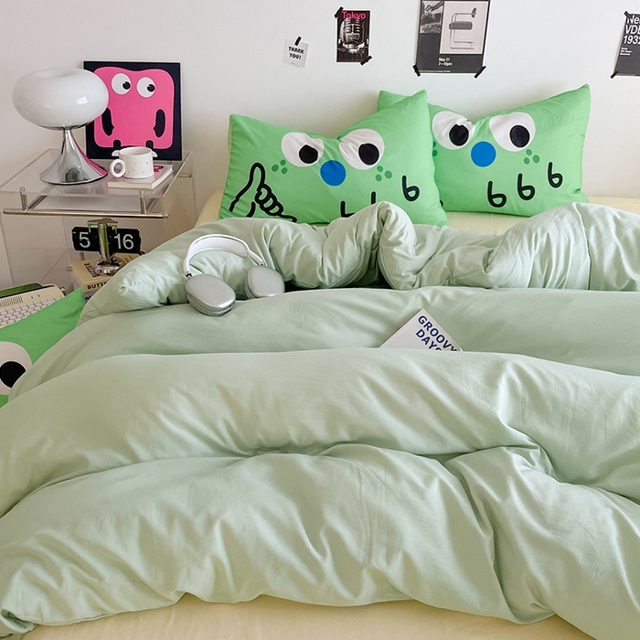 91家纺网 家纺一手货源 找家纺 优卡迪家纺馆 2025新款A类亲肤水洗棉大眼萌纯色混搭四件套 大眼萌-浅绿黄