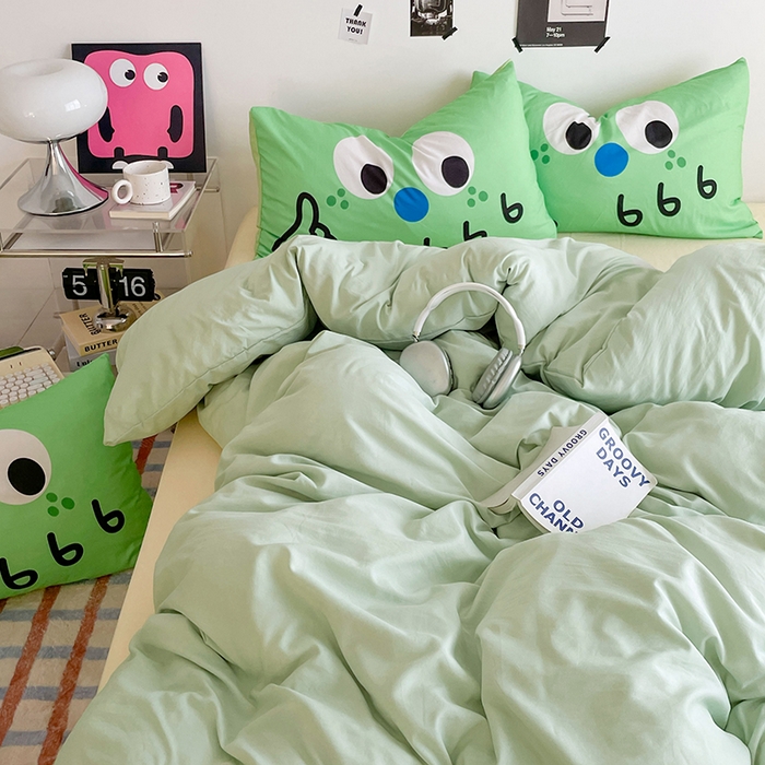 91家纺网 家纺一手货源 找家纺 优卡迪家纺馆 2025新款A类亲肤水洗棉大眼萌纯色混搭四件套 大眼萌-浅绿黄