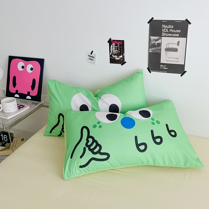 91家纺网 家纺一手货源 找家纺 优卡迪家纺馆 2025新款A类亲肤水洗棉大眼萌纯色混搭四件套 大眼萌-浅绿黄