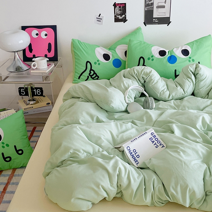 91家纺网 家纺一手货源 找家纺 优卡迪家纺馆 2025新款A类亲肤水洗棉大眼萌纯色混搭四件套 大眼萌-浅绿黄