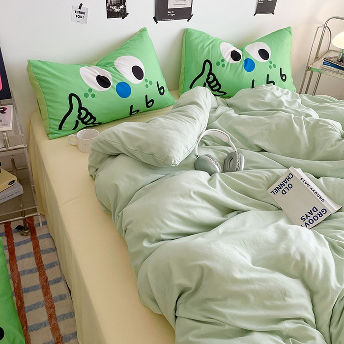 91家纺网 家纺一手货源 找家纺 优卡迪家纺馆 2025新款A类亲肤水洗棉大眼萌纯色混搭四件套 大眼萌-浅绿黄