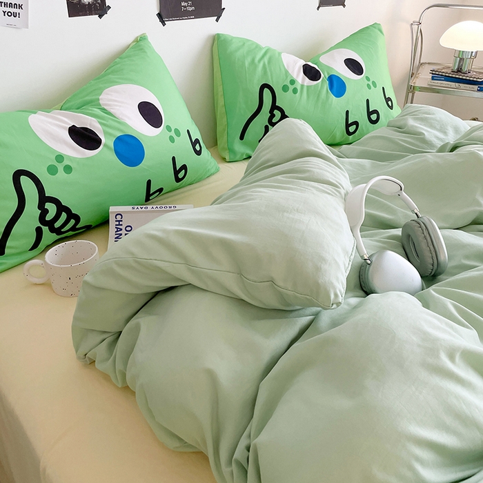 91家纺网 家纺一手货源 找家纺 优卡迪家纺馆 2025新款A类亲肤水洗棉大眼萌纯色混搭四件套 大眼萌-浅绿黄