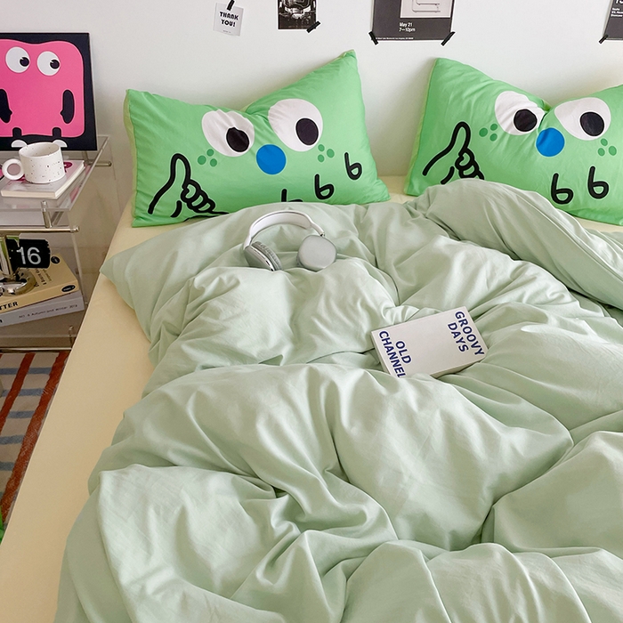 91家纺网 家纺一手货源 找家纺 优卡迪家纺馆 2025新款A类亲肤水洗棉大眼萌纯色混搭四件套 大眼萌-浅绿黄