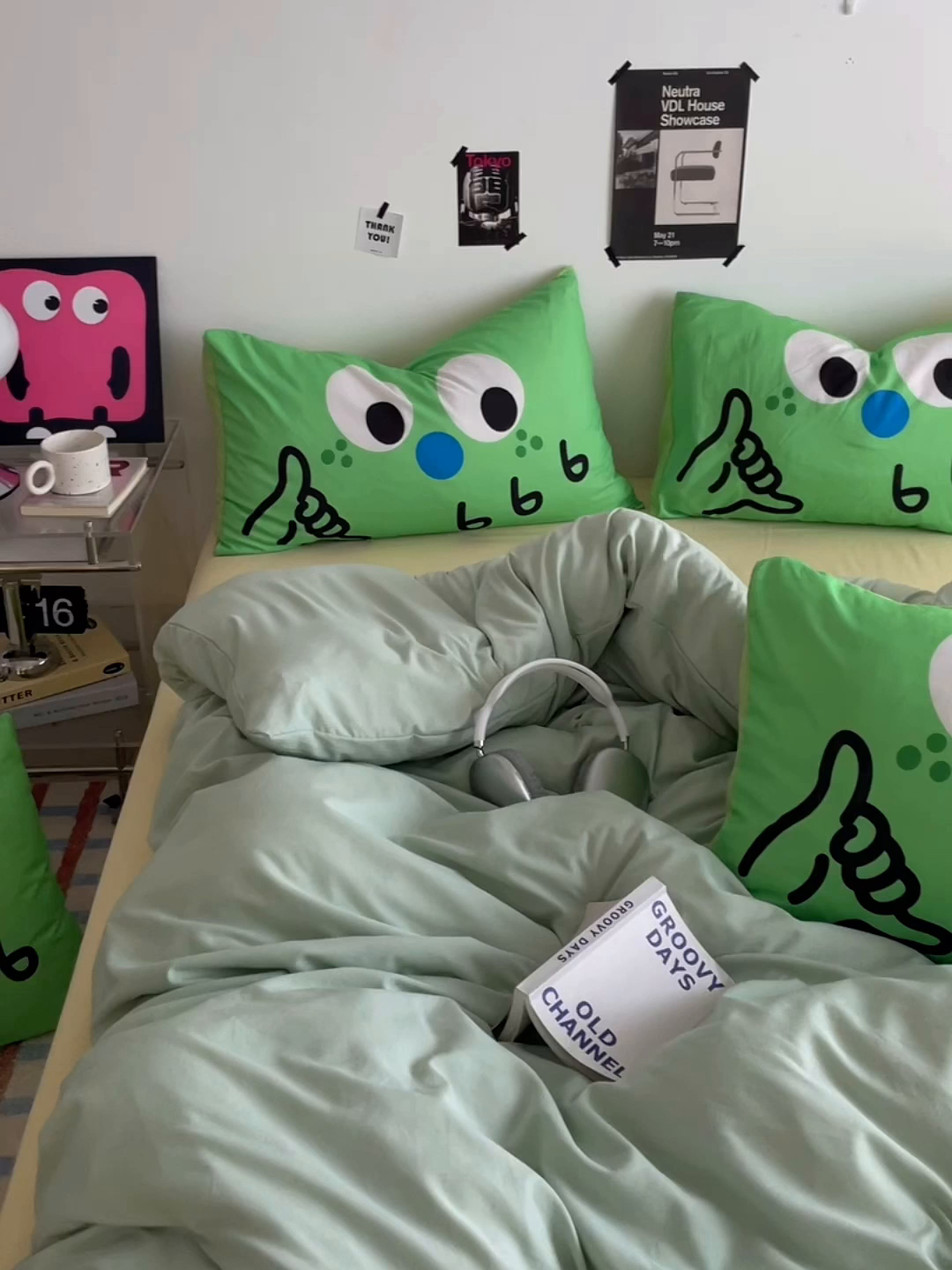 91家纺网 家纺一手货源 找家纺 优卡迪家纺馆 2025新款A类亲肤水洗棉大眼萌纯色混搭四件套 大眼萌-浅绿黄