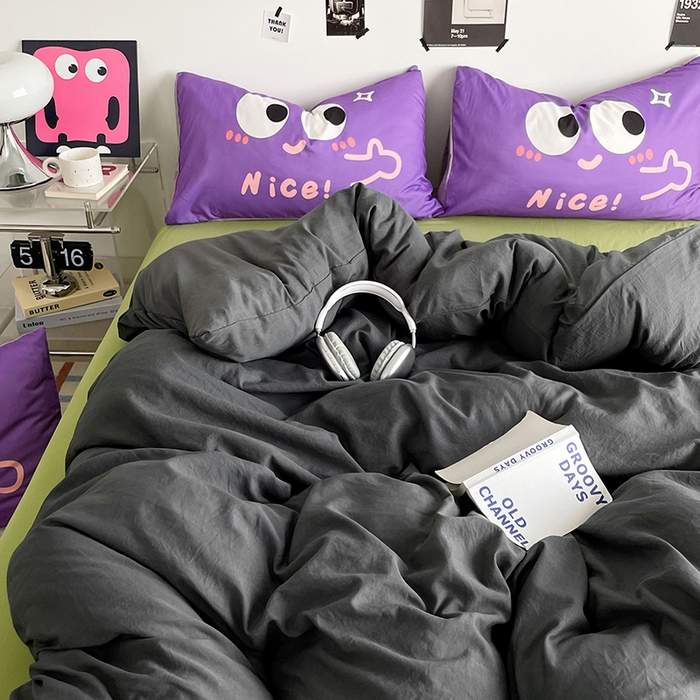 91家纺网 家纺一手货源 找家纺 优卡迪家纺馆 2025新款A类亲肤水洗棉大眼萌纯色混搭四件套 大眼萌-深灰绿