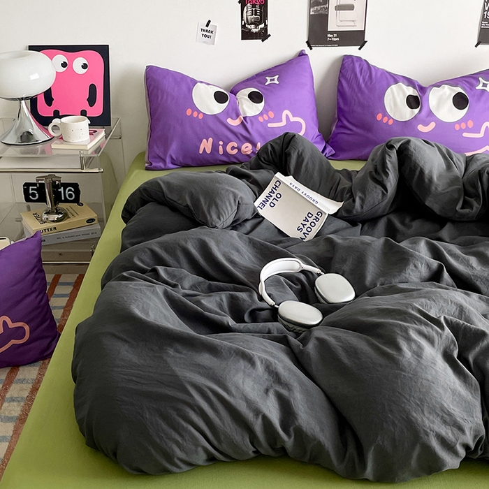 91家纺网 家纺一手货源 找家纺 优卡迪家纺馆 2025新款A类亲肤水洗棉大眼萌纯色混搭四件套 大眼萌-深灰绿