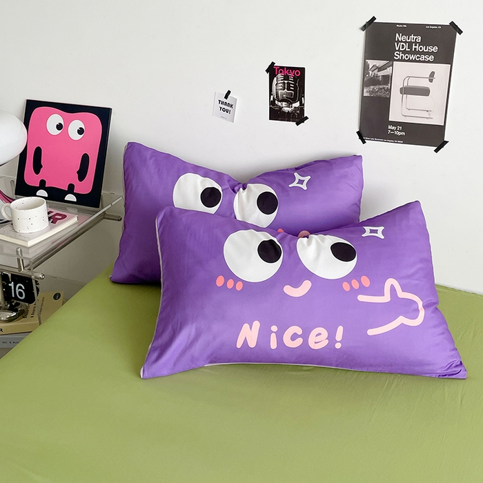 91家纺网 家纺一手货源 找家纺 优卡迪家纺馆 2025新款A类亲肤水洗棉大眼萌纯色混搭四件套 大眼萌-深灰绿