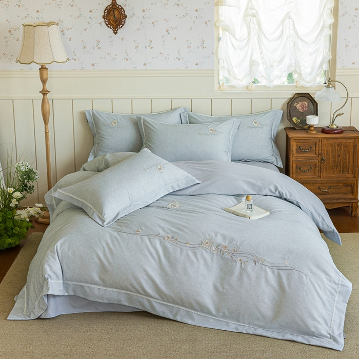 91家纺网 家纺一手货源 找家纺 巧玲珑 20025新款工艺款刺绣绣花加厚天丝棉四件套 寻梦-灰