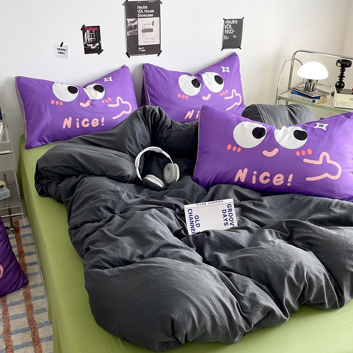 91家纺网 家纺一手货源 找家纺 优卡迪家纺馆 2025新款A类亲肤水洗棉大眼萌纯色混搭四件套 大眼萌-深灰绿