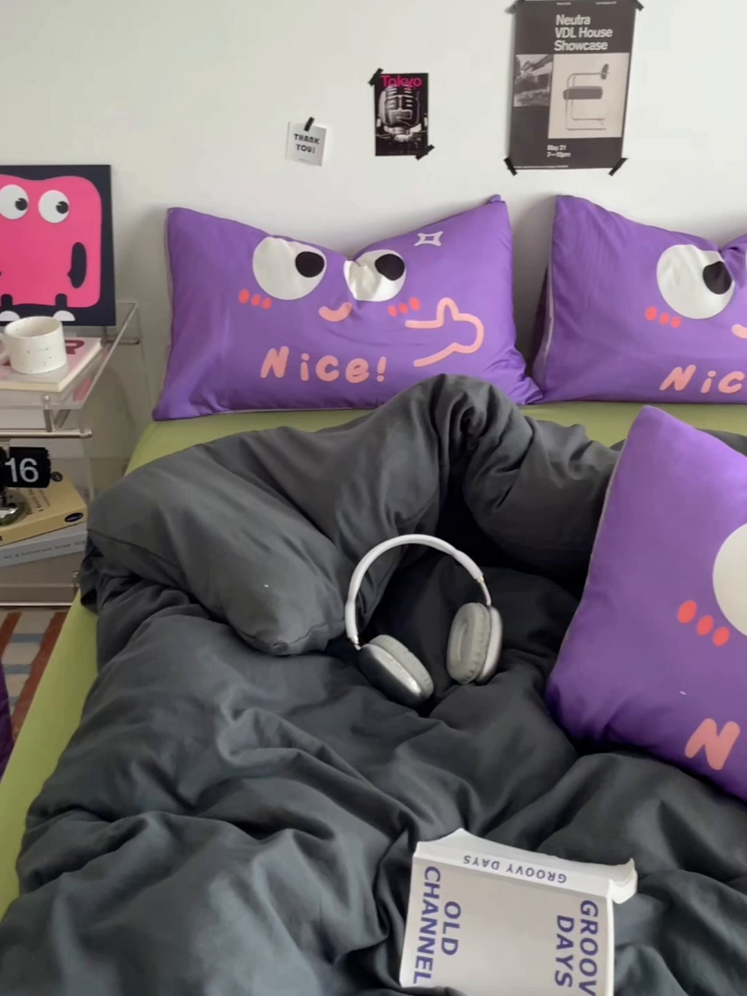 91家纺网 家纺一手货源 找家纺 优卡迪家纺馆 2025新款A类亲肤水洗棉大眼萌纯色混搭四件套 大眼萌-深灰绿