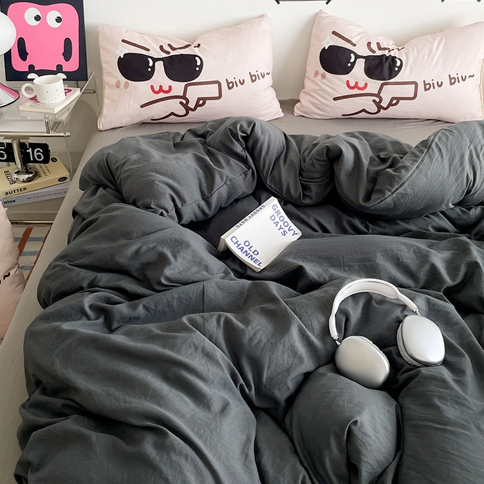 91家纺网 家纺一手货源 找家纺 优卡迪家纺馆 2025新款A类亲肤水洗棉大眼萌纯色混搭四件套 大眼萌-深浅灰