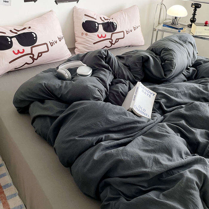 91家纺网 家纺一手货源 找家纺 优卡迪家纺馆 2025新款A类亲肤水洗棉大眼萌纯色混搭四件套 大眼萌-深浅灰