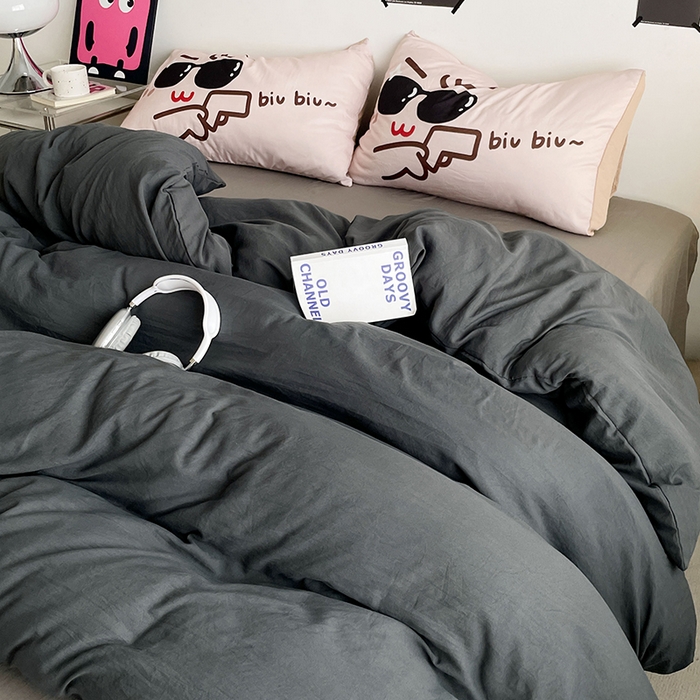 91家纺网 家纺一手货源 找家纺 优卡迪家纺馆 2025新款A类亲肤水洗棉大眼萌纯色混搭四件套 大眼萌-深浅灰