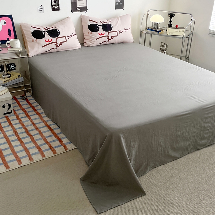 91家纺网 家纺一手货源 找家纺 优卡迪家纺馆 2025新款A类亲肤水洗棉大眼萌纯色混搭四件套 大眼萌-深浅灰