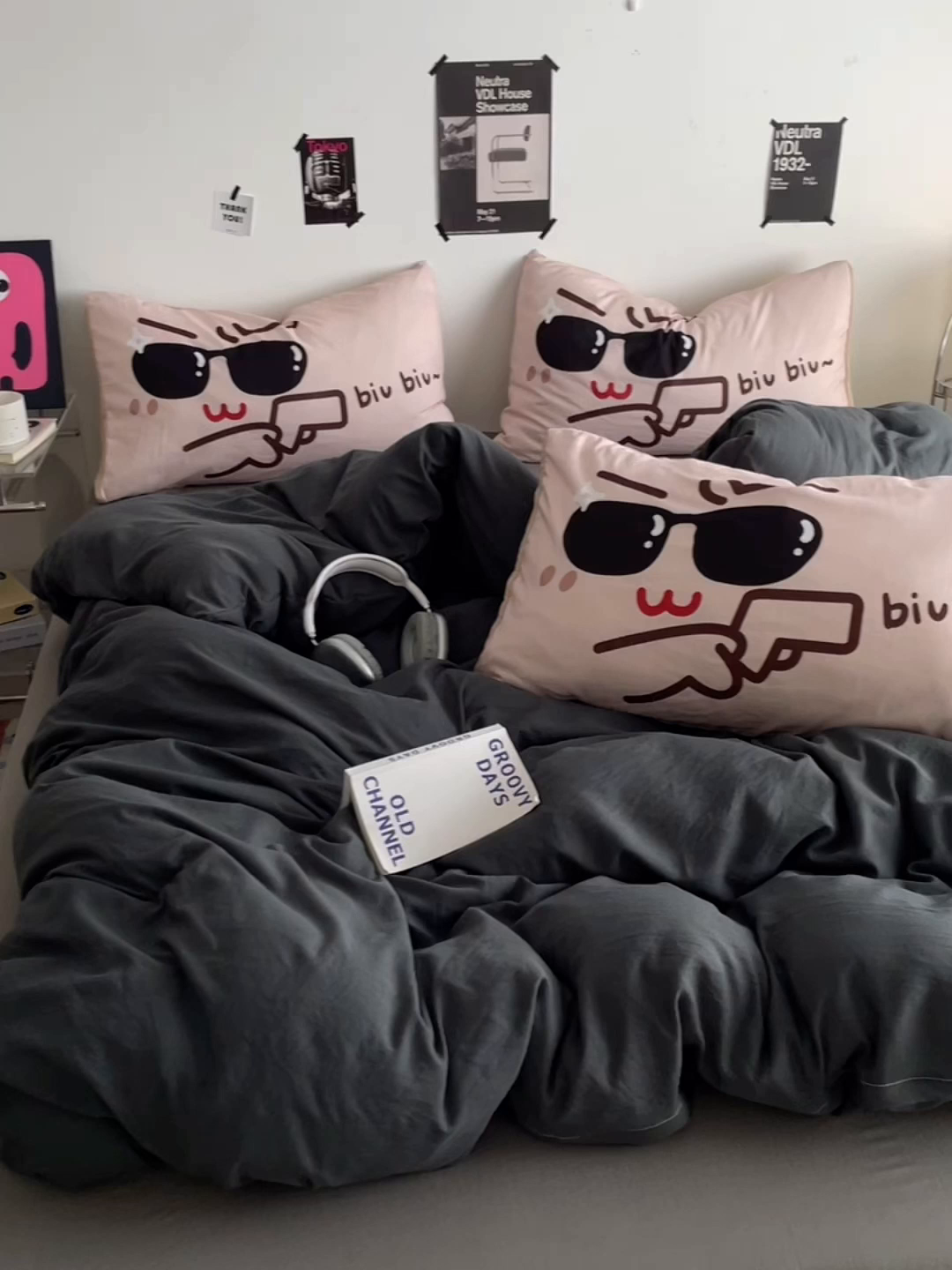 91家纺网 家纺一手货源 找家纺 优卡迪家纺馆 2025新款A类亲肤水洗棉大眼萌纯色混搭四件套 大眼萌-深浅灰