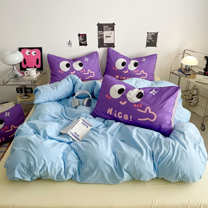优卡迪家纺馆 2025新款A类亲肤水洗棉大眼萌纯色混搭四件套 大眼萌-天蓝黄