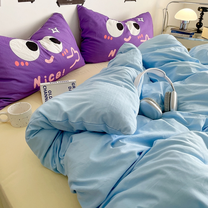 91家纺网 家纺一手货源 找家纺 优卡迪家纺馆 2025新款A类亲肤水洗棉大眼萌纯色混搭四件套 大眼萌-天蓝黄