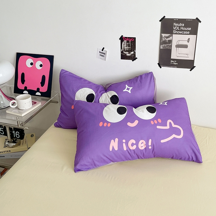 91家纺网 家纺一手货源 找家纺 优卡迪家纺馆 2025新款A类亲肤水洗棉大眼萌纯色混搭四件套 大眼萌-天蓝黄