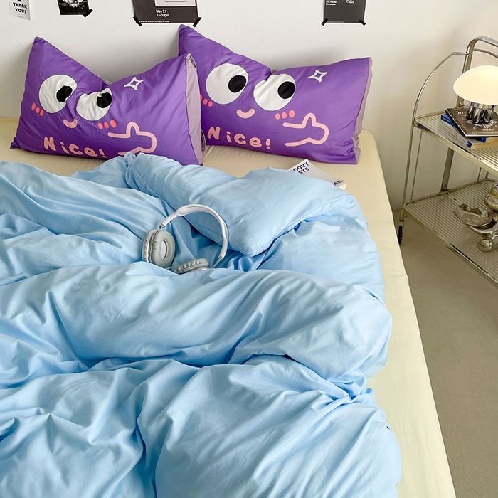 91家纺网 家纺一手货源 找家纺 优卡迪家纺馆 2025新款A类亲肤水洗棉大眼萌纯色混搭四件套 大眼萌-天蓝黄