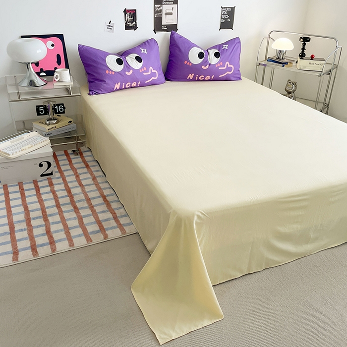 91家纺网 家纺一手货源 找家纺 优卡迪家纺馆 2025新款A类亲肤水洗棉大眼萌纯色混搭四件套 大眼萌-天蓝黄