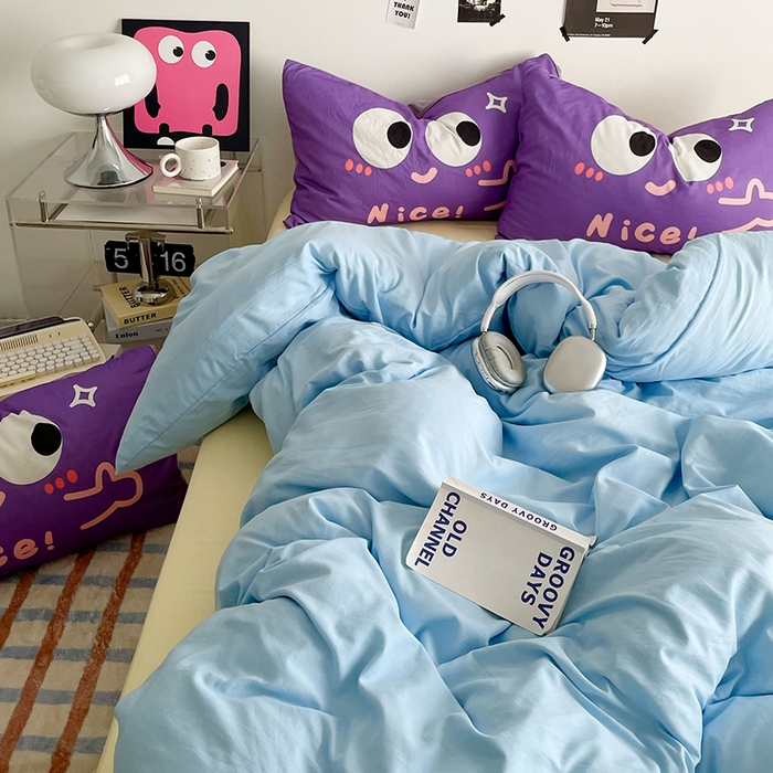 91家纺网 家纺一手货源 找家纺 优卡迪家纺馆 2025新款A类亲肤水洗棉大眼萌纯色混搭四件套 大眼萌-天蓝黄