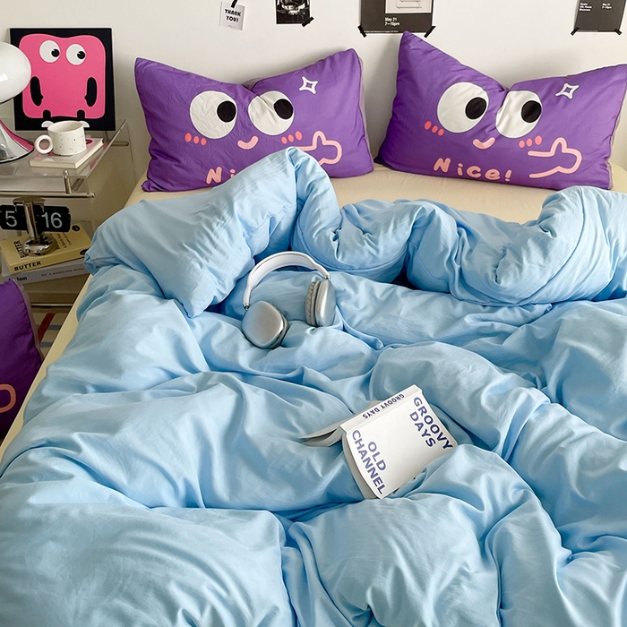 91家纺网 家纺一手货源 找家纺 优卡迪家纺馆 2025新款A类亲肤水洗棉大眼萌纯色混搭四件套 大眼萌-天蓝黄