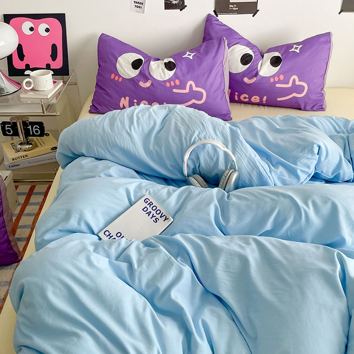 91家纺网 家纺一手货源 找家纺 优卡迪家纺馆 2025新款A类亲肤水洗棉大眼萌纯色混搭四件套 大眼萌-天蓝黄