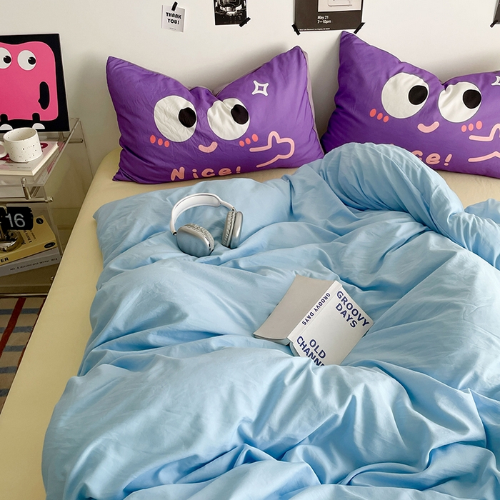 91家纺网 家纺一手货源 找家纺 优卡迪家纺馆 2025新款A类亲肤水洗棉大眼萌纯色混搭四件套 大眼萌-天蓝黄